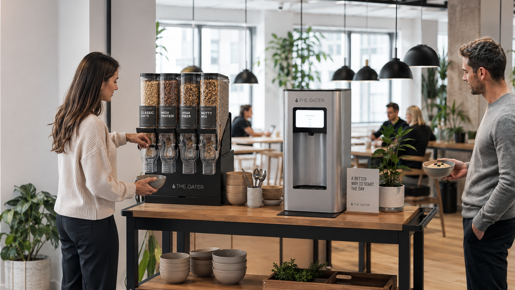 The Oater Breakfast Bar with oat drink machine and cereal dispensers in a hotel breakfast area