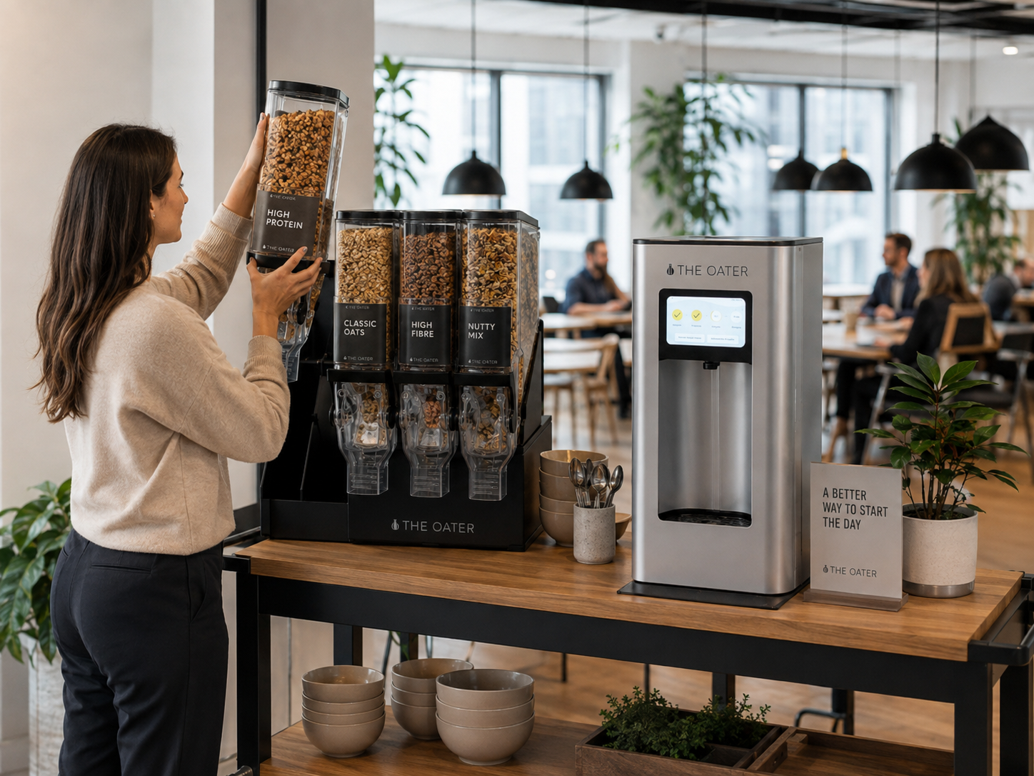 Modular cereal dispenser being exchanged at the Breakfast Bar